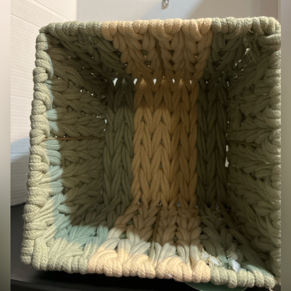 New Two-Tone Woven Decorative Storage Bin – 10” Square Basket (Green & Cream) - Picture 4 of 5